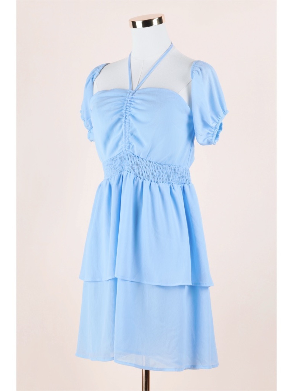 Sz L Promesa Powder Blue Breezy Halter Off-Shoulder Ruched Tiered Mini Dress NWT